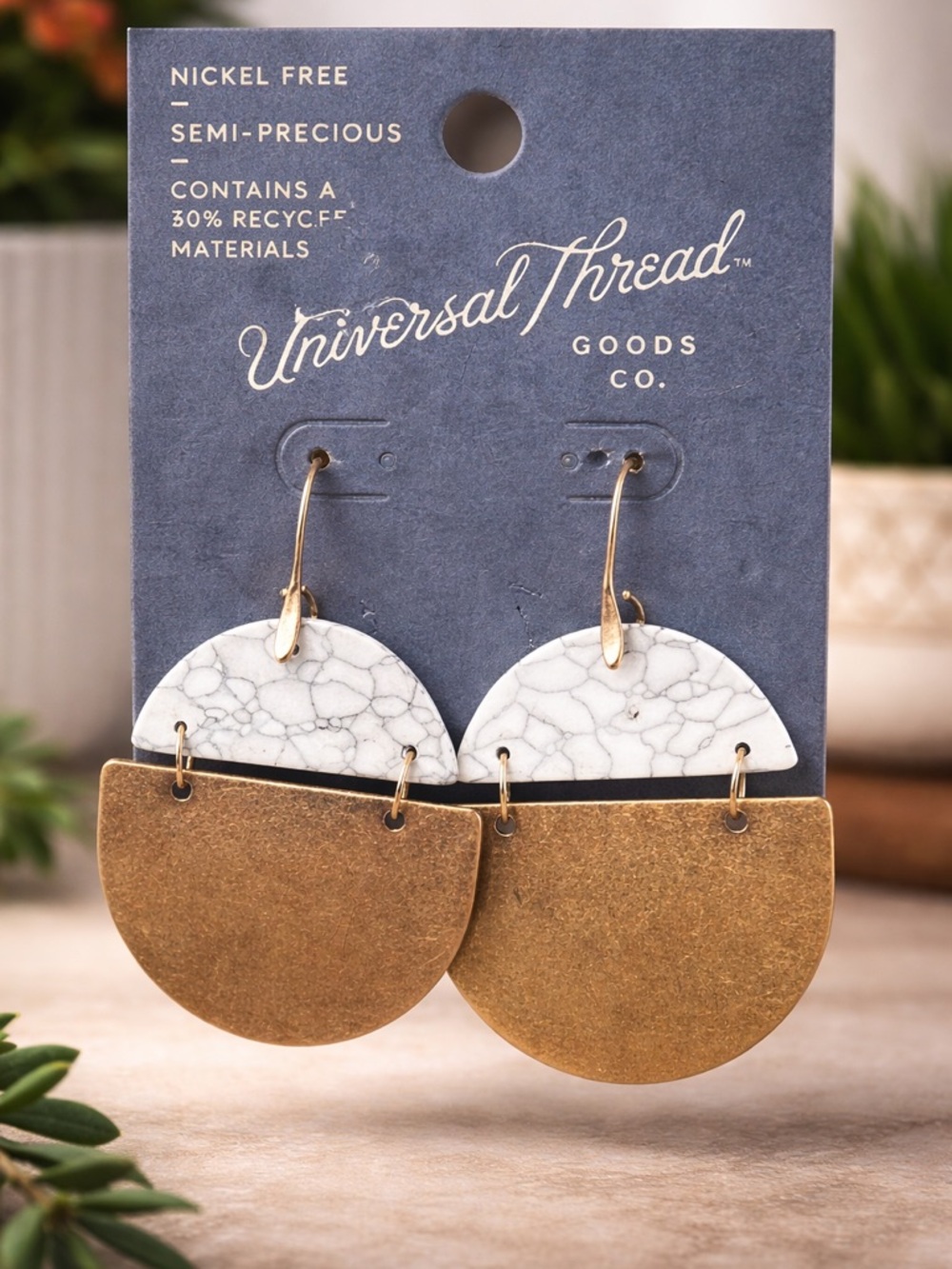 Universal Thread Boho White Marble and Brass-Tone Half-Moon Dangle Earrings